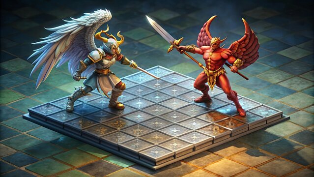 Isometric statue of demon and angel fighting with swords on a RPG board , demon, angel, statue,isometric, battle