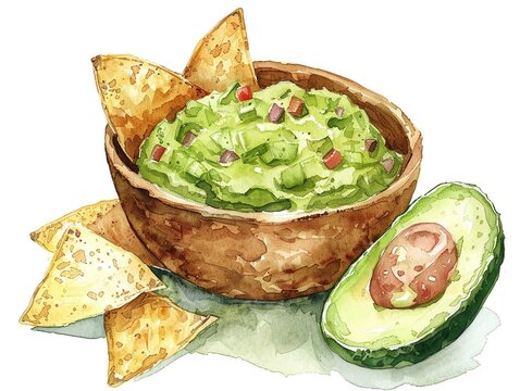 Guacamole Bowl With Tortilla Chips,Clipart, Watercolor Illustration, Perfect For Nursery Art The Style Is Hand  Drawn, White Background