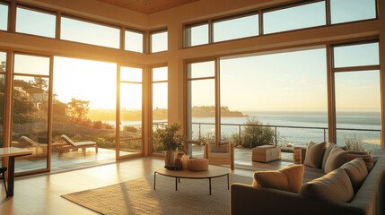 Fototapeta premium Golden view from modern home to an outside seaside through windows