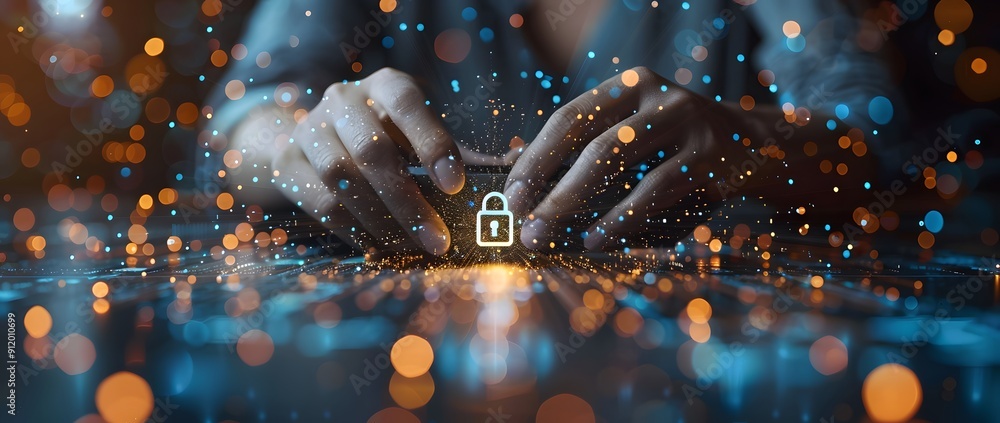 Poster a person is holding a key and pressing a button on a computer screen. concept of security and protec