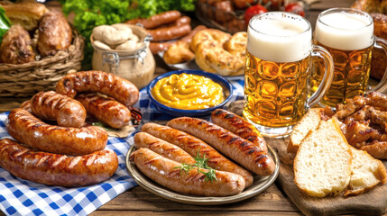beer on the table and appetizing German sausages. AI generative.