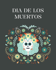 Dia de muertos, day of the dead. Female skull with flowers. Mexican holiday, festival. Greeting card, banner, poster. Vector illustration.