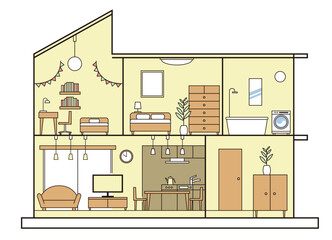 シンプルな住宅、一戸建て、家の断面図のイラスト　二階建て　白背景