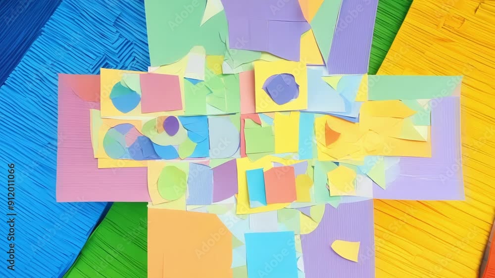 Aufkleber a vibrant collage is made using an assortment of colorful paper shapes of different sizes and design