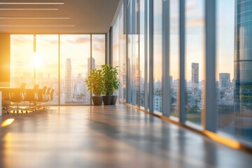Fototapeta premium Beautiful blurred background of a light modern office interior with panoramic windows and beautiful lighting with generative ai