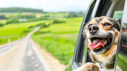 Energetic and happy dog with its head excitedly sticking out the open car window enjoying the ride...