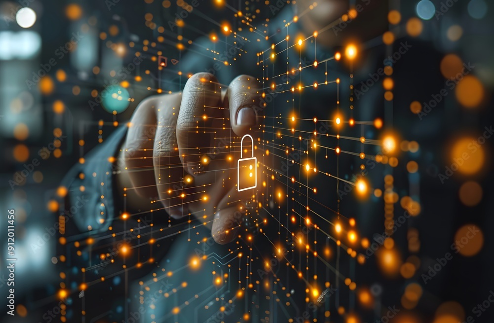 Poster a person is pointing to a lock on a computer screen. concept of security and protection, as the lock