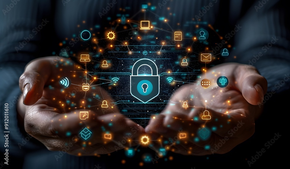 Poster a person is holding a hand with a key in it, surrounded by a network of icons. concept of security a
