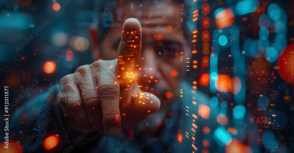 Poster a man is pointing at a glowing dot on a screen. the image has a futuristic and technological vibe, w