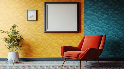 Vibrant Eclectic Mockup with Empty Picture Frame on Colorful Patterned Wall