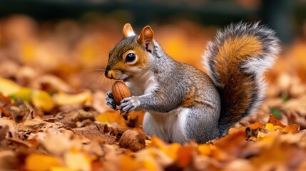Squirrel Enjoying a Nut in Autumn