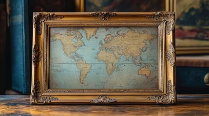 Vintage Explorer Mockup: Empty Picture Frame on Old Map Background