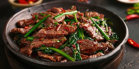 Sauteed beef with Chinese chive flower stems