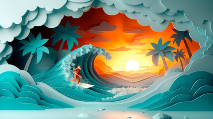 Template card 3d papercuts view of adorable tropical surfing Santa Christmas.