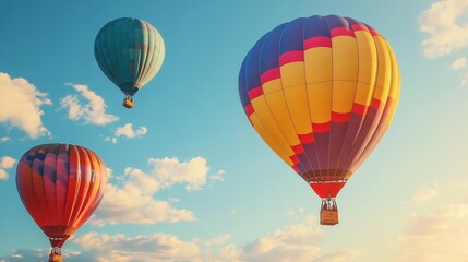 Obraz premium Three Colorful Hot Air Balloons Floating Through a Blue Sky with White Clouds
