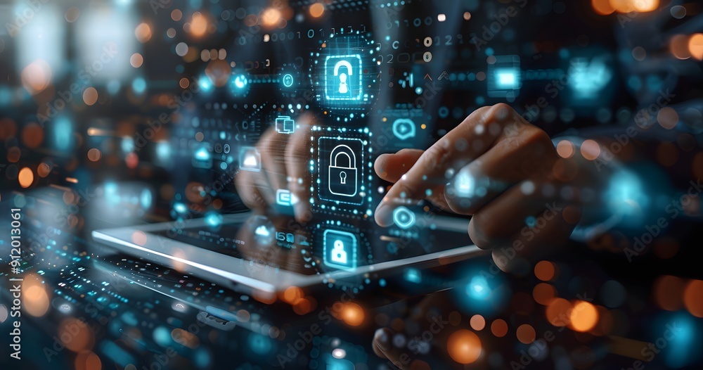 Poster a person is using a tablet to unlock a device. the image is a representation of a digital world wher