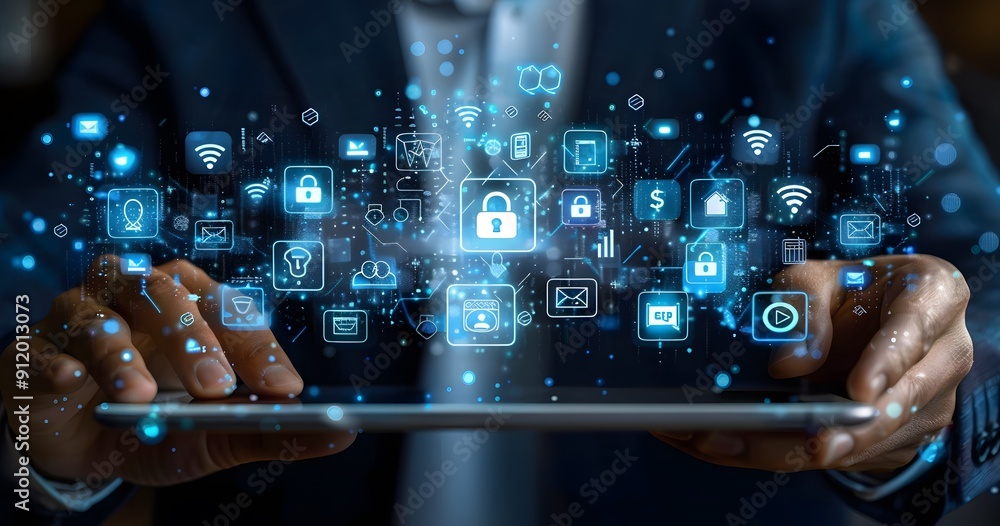 Poster a man is holding a tablet with a blue screen that has many icons on it. the icons include a lock, a 