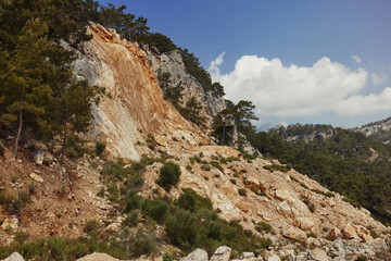 Mountainous Landslide in Forest Under Clear Blue Sky