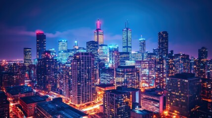 Fototapeta premium Nighttime cityscape with illuminated skyscrapers and street lights