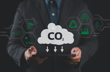 Carbon footprint concept. Man hand holding carbon reduction icon. Net zero and carbon neutral,...