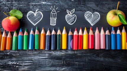 Chalkboard school supplies cartoon, colorful and fun.