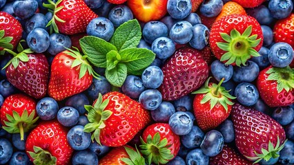 Obraz premium Close-up of vibrant blueberries and strawberries in a pile , berries, fresh, healthy, fruits, organic, juicy, colorful