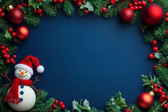 a colorful christmas border with mistletoe, snowman and little lamps tumblr, navy background for flat screen with generative ai