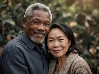 Fototapeta premium Portrait of a couple of black man from Africa and white woman from Asia, individuals of different races