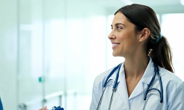 Medium shot portrait video of a cheerful doctor in her 30s wearing a scrub or lab coat with doctors nurses therapists