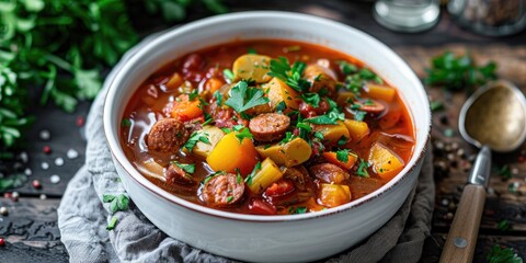 Close up view of vegetable and German sausage stew or soup in a white bowl
