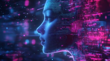 Obraz premium Digital Portrait of a Woman with Neon Lines and Pixels