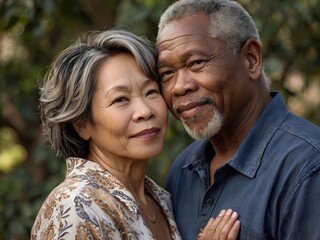Fototapeta premium Portrait of a couple of black man from Africa and white woman from Asia, individuals of different races