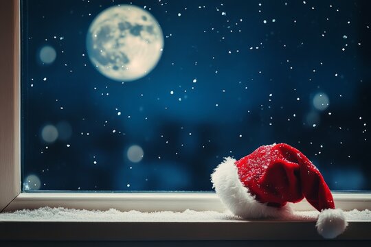 red hat on snowy windowsill - Powered by Adobe