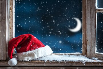 red hat on snowy windowsill
