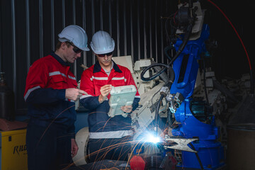 male engineer workers maintenance automatic robotic arm machine in a factory. worker checking and repairing automatic robot hand machine. technician worker check for repair factory machine.