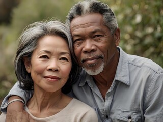 Fototapeta premium Portrait of a couple of black man from Africa and white woman from Asia, individuals of different races