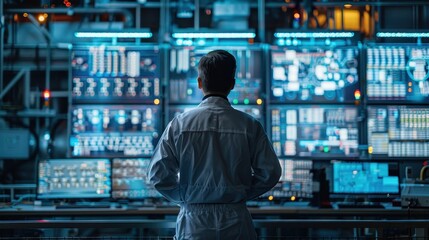 Engineer Monitoring High-Tech Control Room with Multiple Screens and Advanced Technology Systems