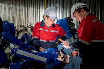 male engineer workers maintenance automatic robotic arm machine in a factory. worker checking and repairing automatic robot hand machine. technician worker check for repair factory machine.