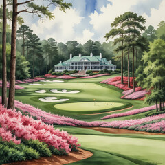 Obraz premium Watercolor illustration of the Augusta National Golf Club in Augusta, Georgia. Capture the lush, meticulously maintained beauty of this world-renowned golf course