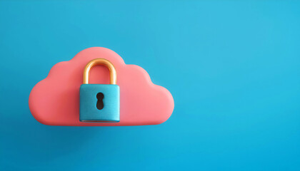 Blue padlock on pink cloud shape, blue background. Concept of cloud security and data protection. Minimalist design.
