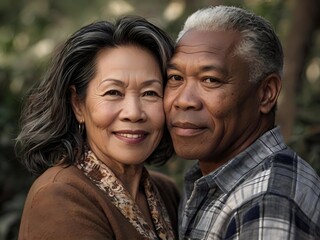 Fototapeta premium Portrait of a couple of black man from Africa and white woman from Asia, individuals of different races