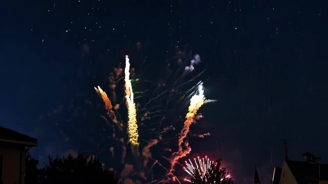 The air is filled with the deafening booms and crackles of exploding fireworks. Light leaks bokeh
