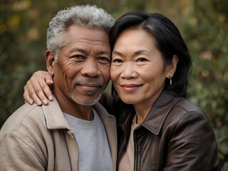 Fototapeta premium Portrait of a couple of black man from Africa and white woman from Asia, individuals of different races