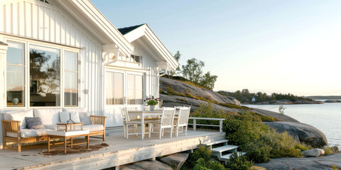 scandinavian beautiful wooden  house. AI generative.