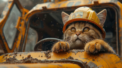 Cat, background is a construction site, driving an excavator, wearing a construction helmet,generative ai