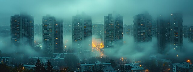 Fototapeta premium exterior of a group of 10 slique apartment buildings, high rise, extreme minimal design as if they are drown with a thin pencil, fog, white and black elements.