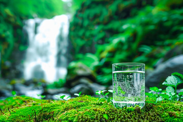 Glass of drinking water on moss ground, waterfall on back ground, photography, selective focus, advertising concept.