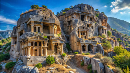 Fototapeta premium Ancient Lycian stone tombs rise from the hillside in Tlos, a historic town in Antalya, Turkey, featuring sarcophagus-shaped monuments unique to the Lycian civilization.