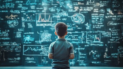 Young Boy Facing a Chalkboard Covered in Diagrams and Equations