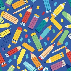 seamless pattern of colorful pencils and erasers, perfect for a school-themed backdrop